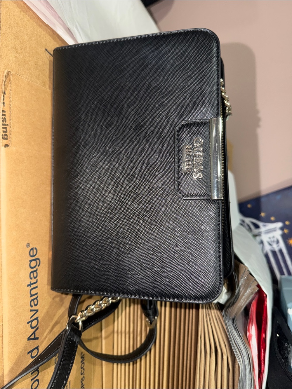 Guess Black Saffiano Leather Wallet Crossbody with Gold Hardware